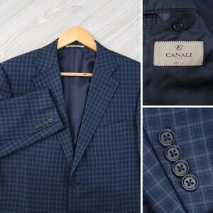 CANALI Men's 40R Navy Blazer Windowpane Italian Wool Silk Blend Sport Coat